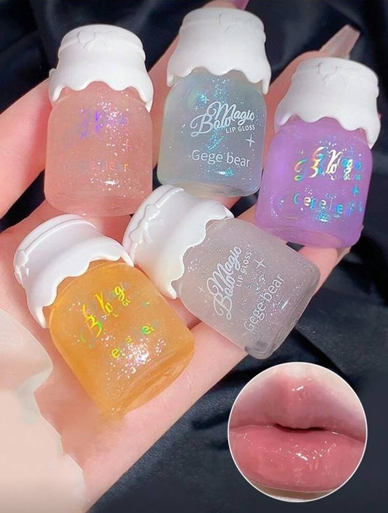 Bow Milk Jar Lip Gloss Moisturizing Mirror Water Shine With Fine Twinkle / Lip Oil in Bowknot Jar