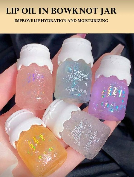 Bow Milk Jar Lip Gloss Moisturizing Mirror Water Shine With Fine Twinkle / Lip Oil in Bowknot Jar